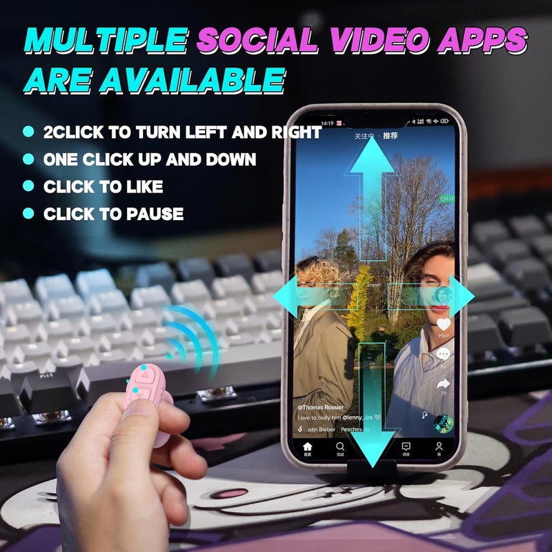 SSOBZELR TikTok Scrolling Ring Remote, Bluetooth Page Turner for iPhone/Android/iPad, Hands‑Free Scroll/Like/Next/Volume Control, Rechargeable USB‑C, Includes Phone Stand - Image 2